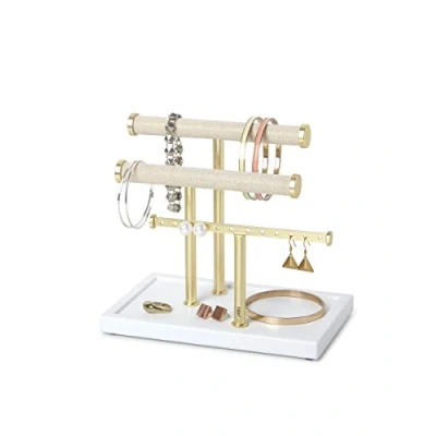Afbeelding van Umbra Sieradenhouder Trigem laag model met 3 rijen Messing / Wit Staal