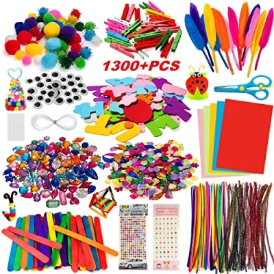 Afbeelding van Withosent Creatief Knutselwerk voor kinderen, 1300 Stuks DIY Art Craft Set, Wiggle ogen, sticks, veren, glitterbal pompon en borstels chenille, doe het zelfdecoratie speelgoed