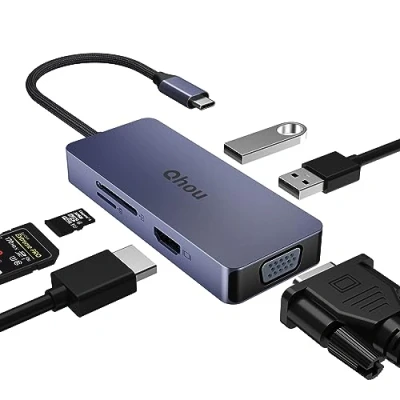 Afbeelding van 6 1 USB C hub met 4K HDMI, VGA, 2 2.0, SD/TF kaartlezer adapter voor MacBook Pro/Air, Dell, HP, Lenovo Pro, Dell/HP/Lenovo