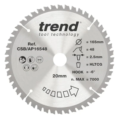 Afbeelding van Trend CraftPro TCT cirkelzaagblad voor werkbladen in aluminium en kunststof, 165 mm diameter x 48 tanden 20 asgat, wolfraamcarbide getipt, CSB/AP16548