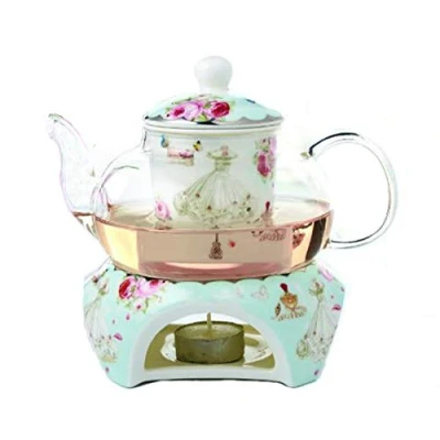 Afbeelding van YBK Tech Bone China en glazen koffiepot theepot met warmer thee ei (blauw (roos jurk patronen))