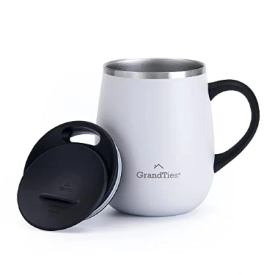Afbeelding van GRANDTIES Geïsoleerde koffiemok met handvat schuifdeksel voor lekvrij 16oz wijnglazen vorm reismok dubbele muur vacuüm roestvrij staal houdt uw drankjes warm of koud parel