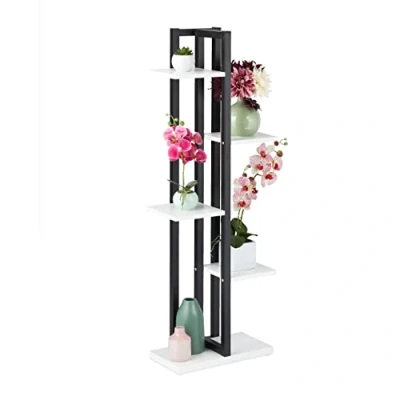 Afbeelding van Relaxdays plantenrek met 5 etages, voor binnen, woonkamer, HBD: 117x43x22 cm, staal, MDF, plantentrap groot, zwart/wit