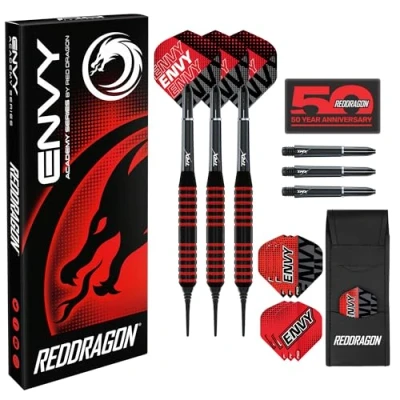 Afbeelding van RED DRAGON Envy Professionele messing zwarte en rode dartset met vluchten, schachten (Stems) portemonnee verkrijgbaar in 22 g, 24 g 18 (20,00, gram)