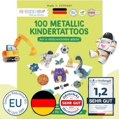 Afbeelding van 100 metallic tattoos om op te plakken huidvriendelijke kindertattoos graver en dino coole designs als verjaardagscadeau of cadeau idee veganistisch TÜV getest