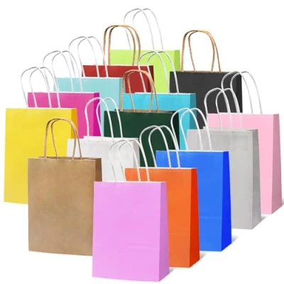 Afbeelding van kleurrijke cadeautasjes met handvat, 15 stuks, papieren zakjes, van kraftpapier, voor kerstfeesten, bruiloften, verjaardagen, feesten, snoep, doe het zelf, 21 x 8 cm