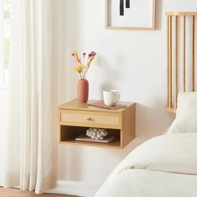 Afbeelding van [en.casa] Wandrek Eiker zwevende plank met lade nachtkastje wandplank 40x32x23 cm eikenkleurig en rotan look