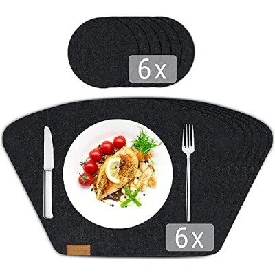 Afbeelding van Placemat, vilt, set van 12, afwasbaar, 44 x 30 cm, hoogwaardig, grijs, 6 onderzetters + delige glazen