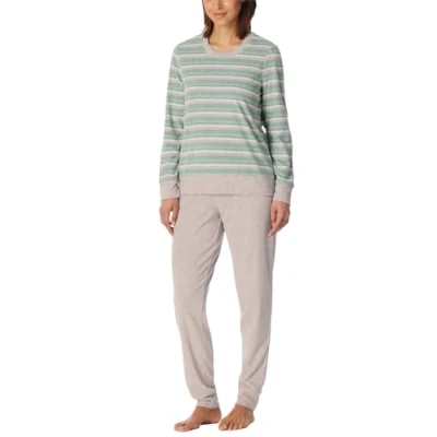 Afbeelding van Schiesser Damespyjama, lang, badstof, warm, behaaglijk, feel good nachtkleding, pyjamaset, Groen mel._181968, 48