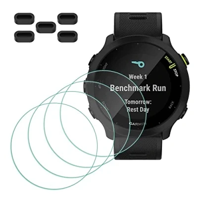 Afbeelding van MTHGH Screenprotector voor Garmin Forerunner 55 Smartwatch [4 stuks] + anti stof stekkers 5 stuks, gehard glas 9H hardheid kras gevoelige touch bubble vrije film ultradunne beschermhoes