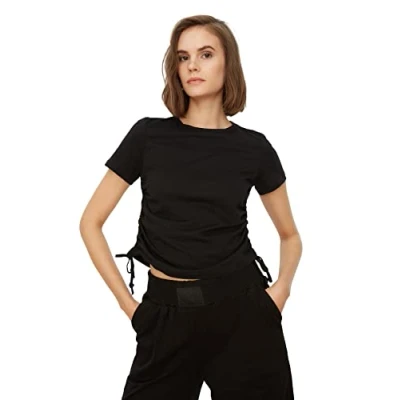 Afbeelding van Trendyol Rood, Basic, Gebreid T Shirt Met Ronde Hals, 100% Katoen En Plooidetail Twoss21Ts0131