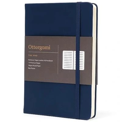 Afbeelding van Ottergami A5 notitieboek met harde kaft, The Pro gelinieerd dagboek, 192 pagina&#039;s dik 150 grams papier, luxe vegan leren dagboek voor dames en heren, onmisbaar werk universiteit (blauw)