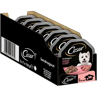 Afbeelding van Cesar hondenvoer natvoer landelijke keuken met kalfsvlees en kalkoen in een heerlijke saus, 14 bakjes (14 x 150g)
