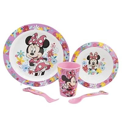 Afbeelding van Placemat voor kinderen, 5 delig, borden, kom, glas, 260 ml, bestek en bestek, BPA vrij, magnetronbestendig, Minnie Maus Spring Look