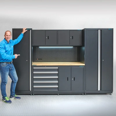 Afbeelding van Datona Werkbank 160 Cm Met Bovenkast, Smalle Zijkast En Brede (310 x 60 200 cm) Matzwart