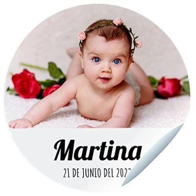 Afbeelding van Gepersonaliseerde fotostickers met naam en datum voor gastgeschenken, afmetingen 45 mm/60 mm/70 mm diameter, niet geschikt kleding
