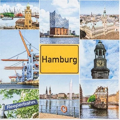 Afbeelding van 20 servetten Steden Hamburg ansichtkaartstijl als tafeldecoratie. Papieren met motief. Ook voor decoupage en servettechniek 33x33cm