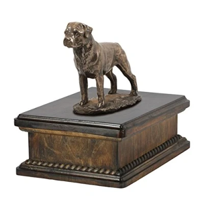 Afbeelding van Art Dog Custom Mama Sitting Statue Memorial Urn Handgemaakt koud gegoten brons op berkenhouten voet 24,5x29x21cm 5l Rottweiler