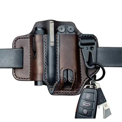 Afbeelding van LINONI tactische multitool houder, lederen EDC zakorganizer met riemlus, sleutelhouder voor zaklamp, gereedschap, outdoor, kamperen