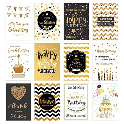 Afbeelding van Edition Seidel Set van 12 exclusieve premium verjaardagskaarten met fijn gouden reliëf en envelop. wenskaart, verjaardagskaart, man vrouw, kaarten, Happy Birthday, billet spreuken