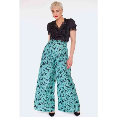Afbeelding van Voodoo Vixen Crow Print Wijde broek L Blauw