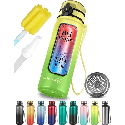 Afbeelding van Thermo Minny roestvrijstalen waterfles lekvrij met rietje of zeef 400ml, 600ml robuuste voor kinderen en volwassenen bpa vrij (groen geel, 600 ml)