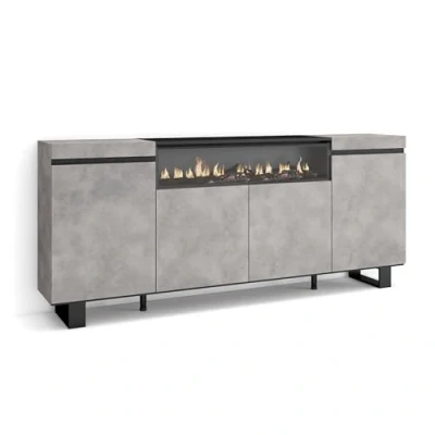 Afbeelding van Skraut Home Dressoir voor woonkamer, grote inhoud, 200 x 87 35 cm, 4 deuren, elektrische open haard, industrieel design, moderne stijl, cement