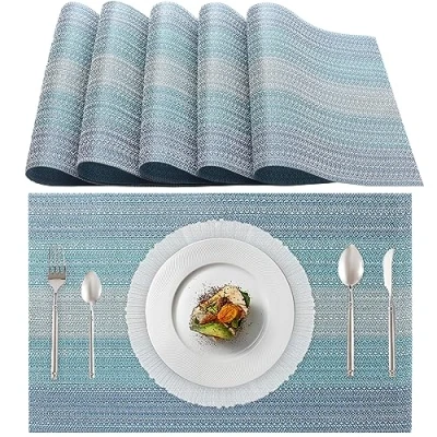 Afbeelding van Lumaca Set van 6 Wasbare Placemats, (70% PVC en 30% Polyester) Ontbijtplacemats, Makkelijk Schoon te Maken, Antislip, Hittebestendig, Ideaal voor de Keukentafel, Hemelsblauw