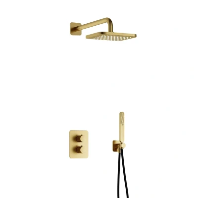 Afbeelding van Hotbath Gal Regendoucheset IBS40A Geborsteld Messing PVD Staaf Handdouche 22cm Hoofddouche Wandarm met wandhouder