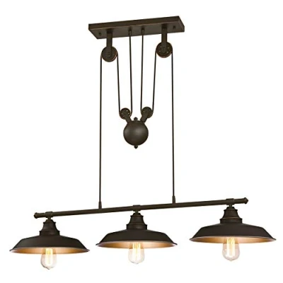 Afbeelding van Westinghouse Lighting Drielichts trekkoordhanglamp voor keukeneiland, uitvoering geolied brons met accenten, glas, 1 W, 102 x 105 cm, 6332540, hanglamp 3 lampen