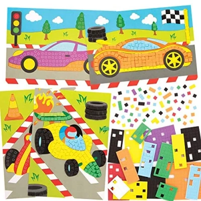 Afbeelding van Baker Ross FE612 Raceauto Mozaïek sets Set van 4, Mozaïektegels knutselen, Mozaïekpakketten voor Kinderen, Creatieve Activiteiten Kinderen