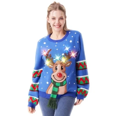 Afbeelding van JOYIN LED Light Up Rendier Ugly Womens Kerst Jumper Ingebouwde Gloeilampen Rood Zwart Blauw Xmas Lange Sweater Top (S XL), Volwassen Blauw, S