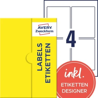 Afbeelding van AVERY Zweckform P3460 100 Universele etiketten (400 zelfklevende etiketten, 90 x 120 mm A4, mat papier, bedrukbare productetiketten, jam individuele stickers) vellen, wit