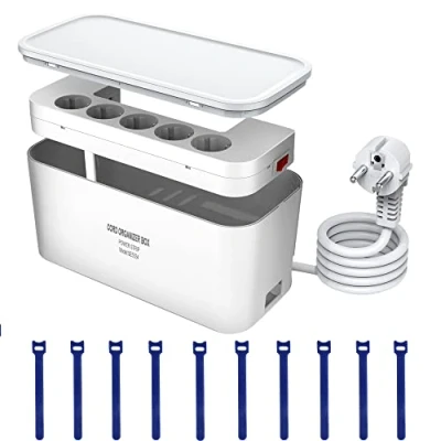 Afbeelding van Stekkerdoos met kabelbeheerdoos, Cable Tidy Box en Meervoudige 5 Voudige 3USB, Verberg Stekkerdozen Elektrische Kabels, Voedingsbord Schakelaar, 2M, 29.5 * 14 14CM,Wit