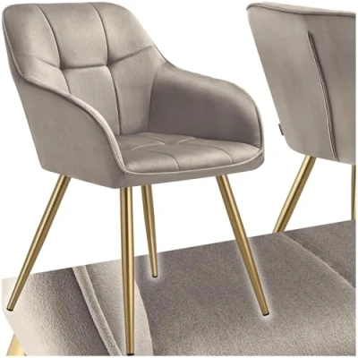 Afbeelding van tectake® Fluwelen Stoel Eetkamerstoel Met Gewatteerde Stof, Moderne Keukenstoelen, Comfortabele Fauteuil Voor Woonkamer, Eetkamer, Lounge taupe / goud