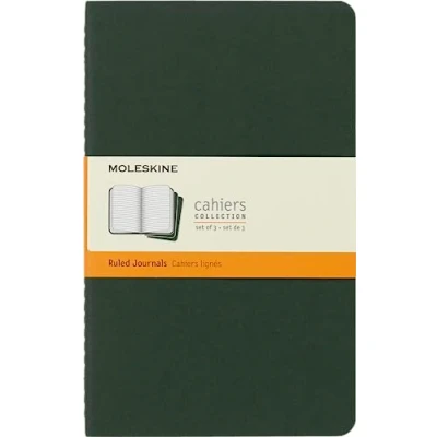 Afbeelding van Moleskine Cahier Journal, Set 3 Notebooks with Ruled Pages, Cardboard Cover Visible Cotton Stiching, Colour Myrtle Green, Large 13 x 21 cm, 80 Pages