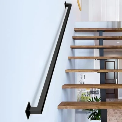 Afbeelding van Gorssen 240 cm leuning, industriële badkamerleuning, smeedijzeren metalen ijzeren zwarte leuning retro, buitenleuning voor trappen, tuin, huisingang, gangpadleuning