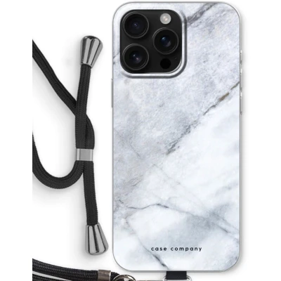 Afbeelding van Case Company® hoesje met Koord geschikt voor iPhone 16 Pro Max Witte marmer Telefoonhoesje Zwart Bescherming aan alle Kanten en Over de Schermrand
