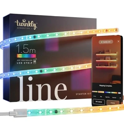 Afbeelding van Twinkly Line Starter Kit App gestuurde Zelfklevende + Magnetische LED Lichtstrip met RGB (16 Miljoen kleuren) LED&#039;s. Uitschuifbaar. 1,5 Meter. Witte Strip. Binnen Slimme Huisdecoratie Licht