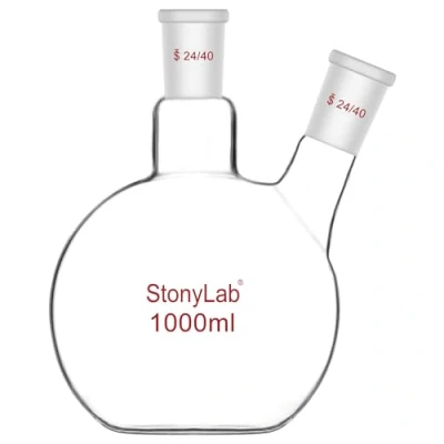 Afbeelding van stonylab Platbodemkolf FBF, Zware Muur 2 Hals Laboratoriumkolf Borosilicaatglas Platte Bodem Kokende Kolf met 24/40 Standaard Gewricht, 1000 ml (1 L)