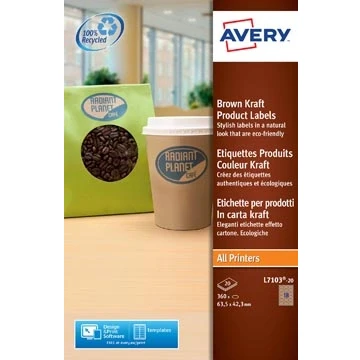 Afbeelding van Avery L7103 20 Productetiketten Ft 63,5 X 42,3 Mm (b H), 360 Etiketten, Kraft, Ovaal Etiket