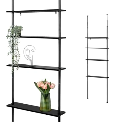 Afbeelding van bremermann Telescopische wandplank met 4 legplanken van bamboe, veelzijdig inzetbaar in de woonkamer, hal, badkamer, kantoor of keuken variabele inbouwhoogte 140 tot 290 cm (compleet zwart)