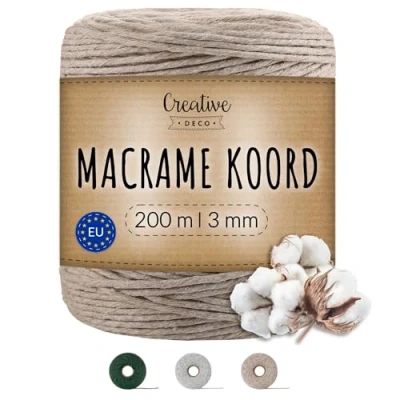 Afbeelding van Creative Deco Macrame Koord Katoenen Beige Donker 200 m 2 3 mm Dikte