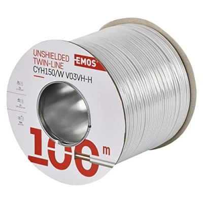 Afbeelding van EMOS S8291 koperen kabel 2 x 1,5 mm2, 100 meter tweedraads van puur koper voor laagspanning, wit met polariteitsmarkering