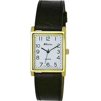 Afbeelding van Ravel Traditioneel rechthoekig uniseks horloge met duidelijke numerieke wijzerplaat Analoge Kwarts R0120.01.1A Goudkleurig/zwart