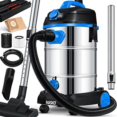 Afbeelding van Masko® industriële stofzuiger, 1800 watt, met stopcontact, blaasfunctie, multifunctioneel voor droog en nat zuigen, zonder zak, waterstofzuiger blauw