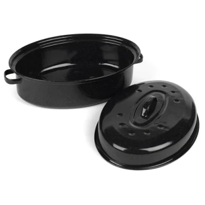 Afbeelding van Russell Hobbs emailkleurig roosterblik zelfbastend braaddeksel met deksel, diepe ovaal schotel, stalen kaft roosterpot voor vlees, kip, oven veilig tot 230 C, gezinsgrootte, duurzaam staal, 36 cm.