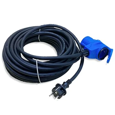 Afbeelding van CEE Adapterkabel, haakse koppeling met stopcontact op geaard stopcontact, 15 m kabel, IP44, 230 V/16 A, 3 polig, voor camping, stroomadapter boot, camper, caravan, hoekbus, blauw