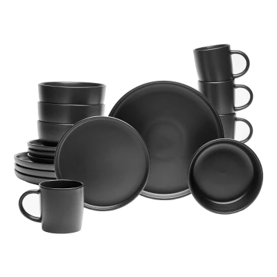 Afbeelding van van Well Combi Servies set, service Nero ronde vorm, zwart, vaatwasmachine en magnetronbestendig (set, 16 delig)