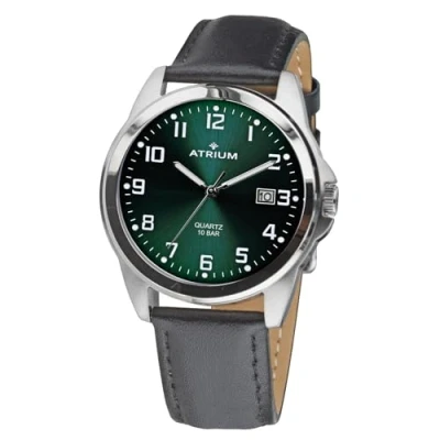 Afbeelding van ATRIUM Horloge Heren Zilverkleurig 10 bar Waterdicht Zwart leren band (16,5 21,5 cm) Donkergroen gemeleerde Wijzerplaat Datum Edelstaal Duidelijk Quartz Uurwerk Edelstalen Sluiting A16 16